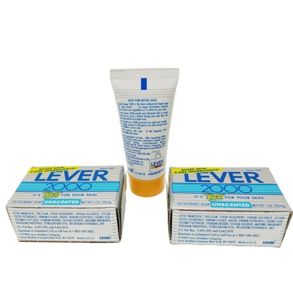 2pc Lever 2000 Unscented Deodorant Soap .1 OZ Trial Sz NOS 1994 Free Liquid Soap - Picture 3 of 6